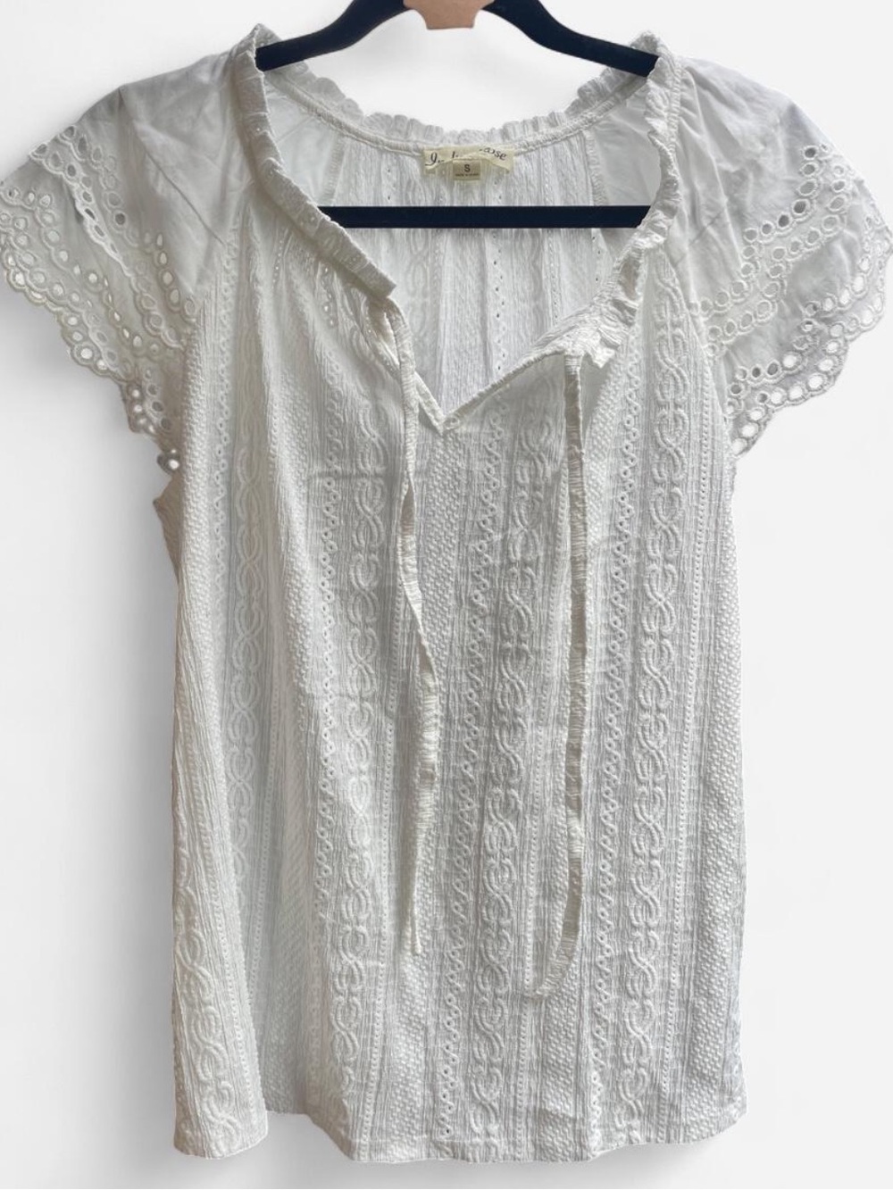 White Eyelet Lace Tie-Neck Cap Sleeve Blouse